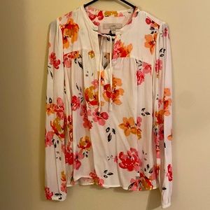 LOFT Floral Tie Neck Blouse Top M